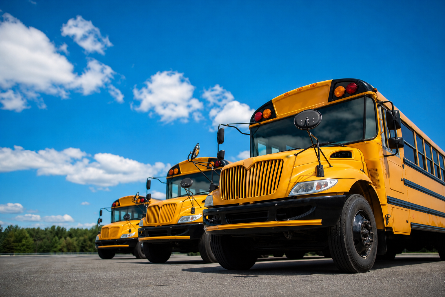 Yellow School Buses in Diagonal Formation at Sunny Skyline-1
