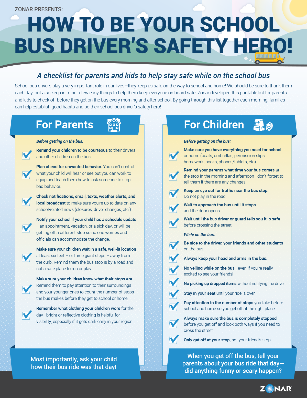 Check list for parents and kids to help stay safe on the school bus