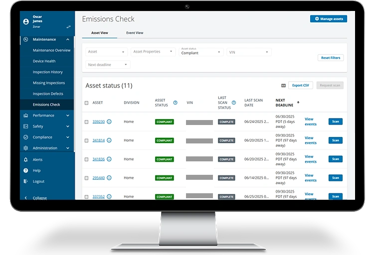 Zonar Emissions Check interface.